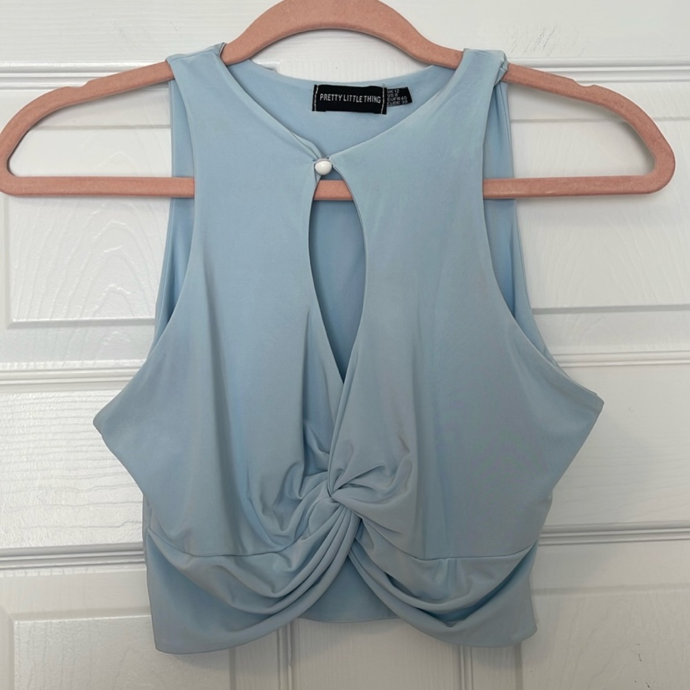 PrettyLittleThing Light Blue Twist Front Crop Top